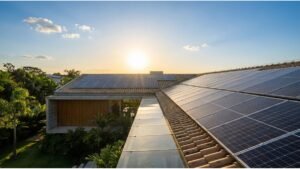 Painéis solares no telhado de uma casa em dia ensolarado