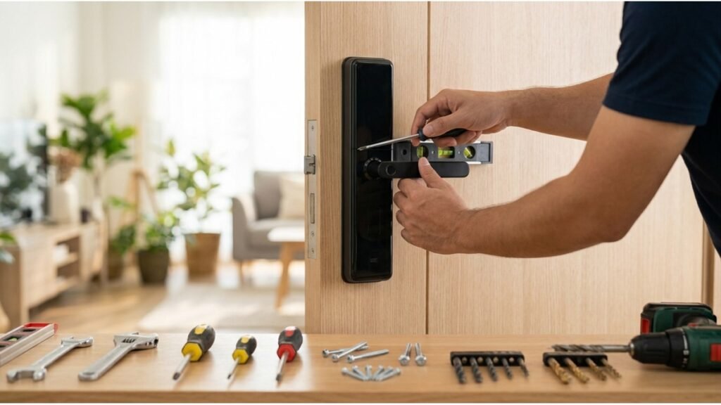 Técnico instalando fechadura digital em porta residencial com ferramentas