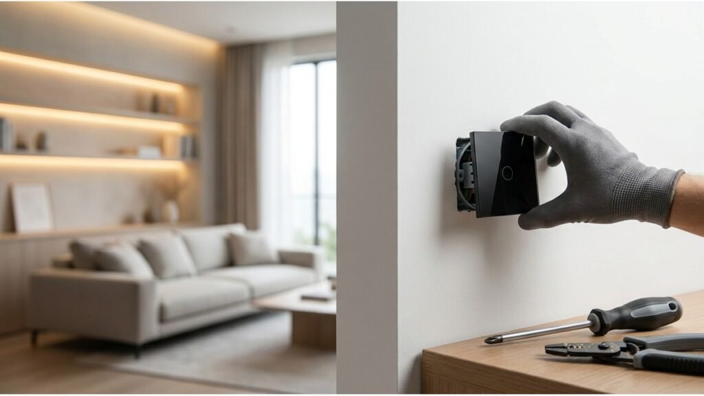 Instalação de interruptor inteligente touch em parede residencial com ferramentas