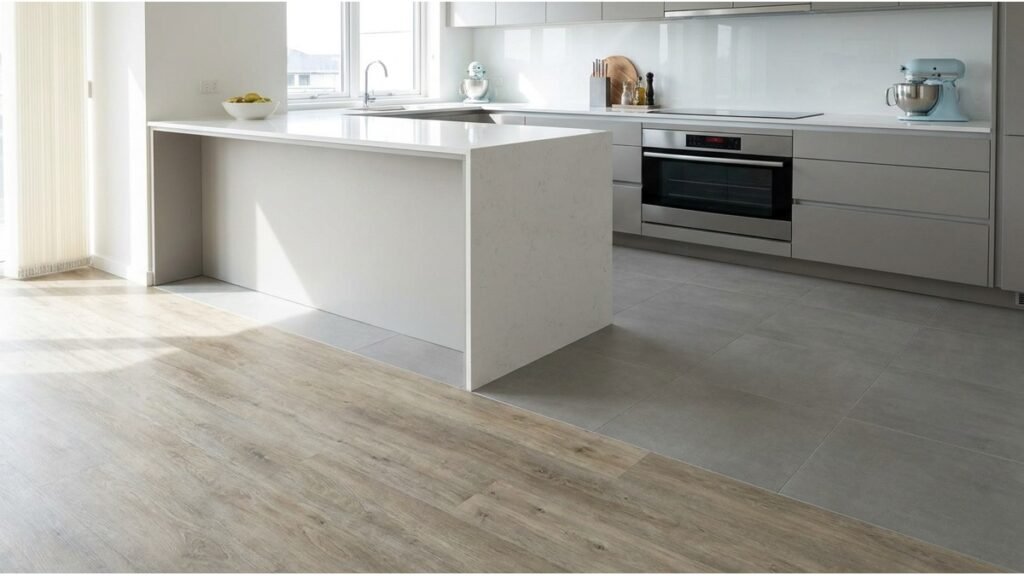 Comparação entre piso vinílico e porcelanato ultrafino em cozinha reformada sem obra