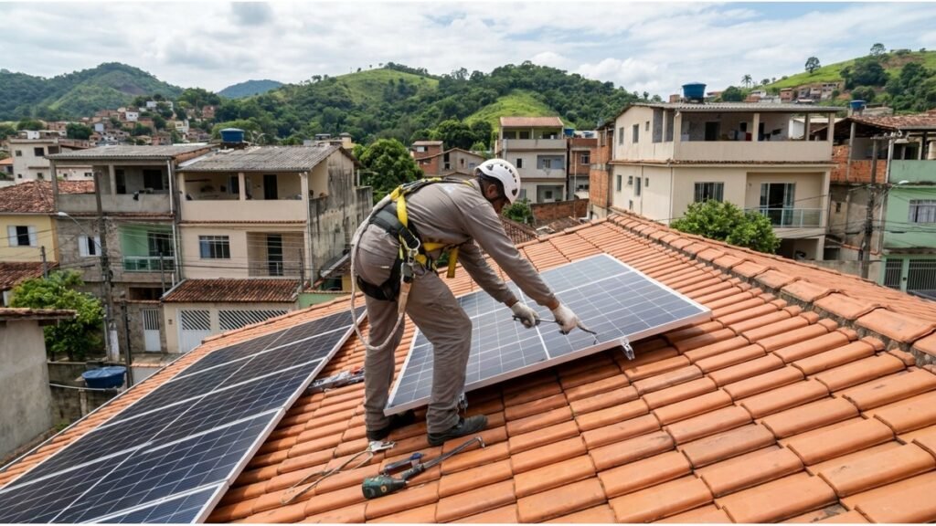 Instalação de painéis solares em telhado residencial por técnico usando equipamento de segurança