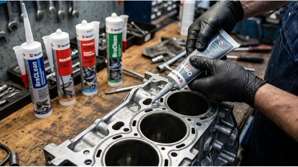 Mão aplicando silicone de alta temperatura em junta de motor, com diversos tubos de silicone sobre bancada de reparo.