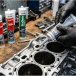 Mão aplicando silicone de alta temperatura em junta de motor, com diversos tubos de silicone sobre bancada de reparo.