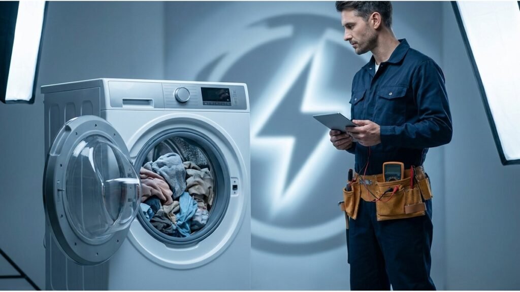 Máquina de lavar com tambor cheio de roupas e um técnico ao lado com ferramentas, simbolizando manutenção e consumo de energia