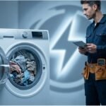 Máquina de lavar com tambor cheio de roupas e um técnico ao lado com ferramentas, simbolizando manutenção e consumo de energia