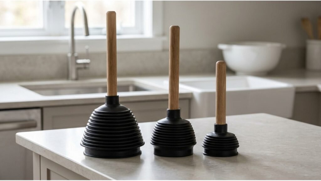 Kit com três desentupidores sanfonados de borracha com cabo, em tamanhos diferentes, apoiados sobre bancada de cozinha